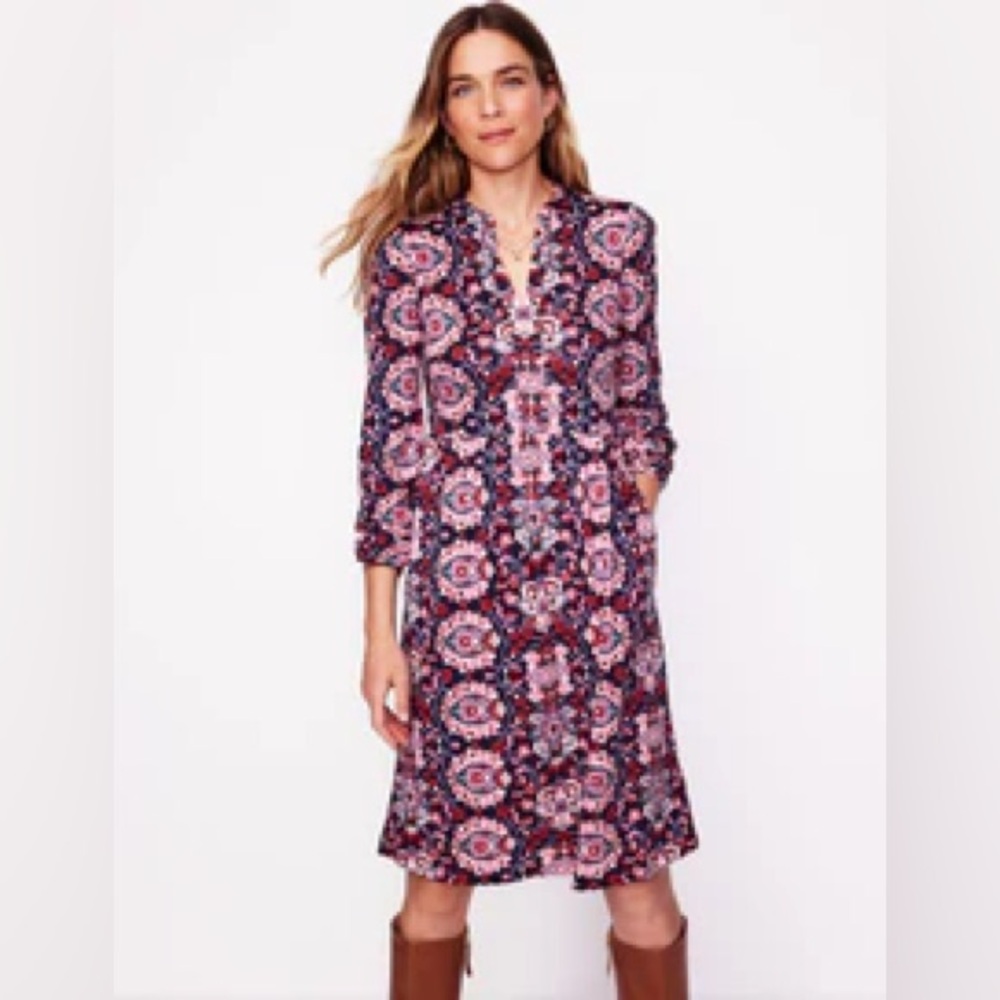 Boden Floral Jersey Midi Dress 10L | Long Sleeve V-Neck | Cotton TENCEL